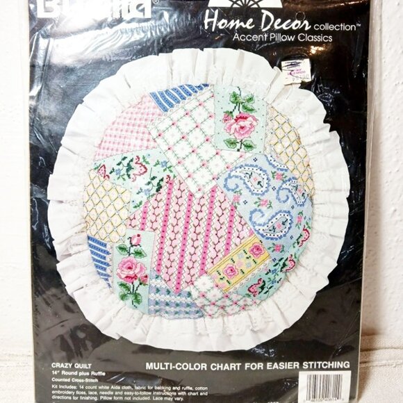 NWOT, BUCILLA  14" Home Decor accent pillow, counted cross stitch with ruffle - Picture 2 of 5